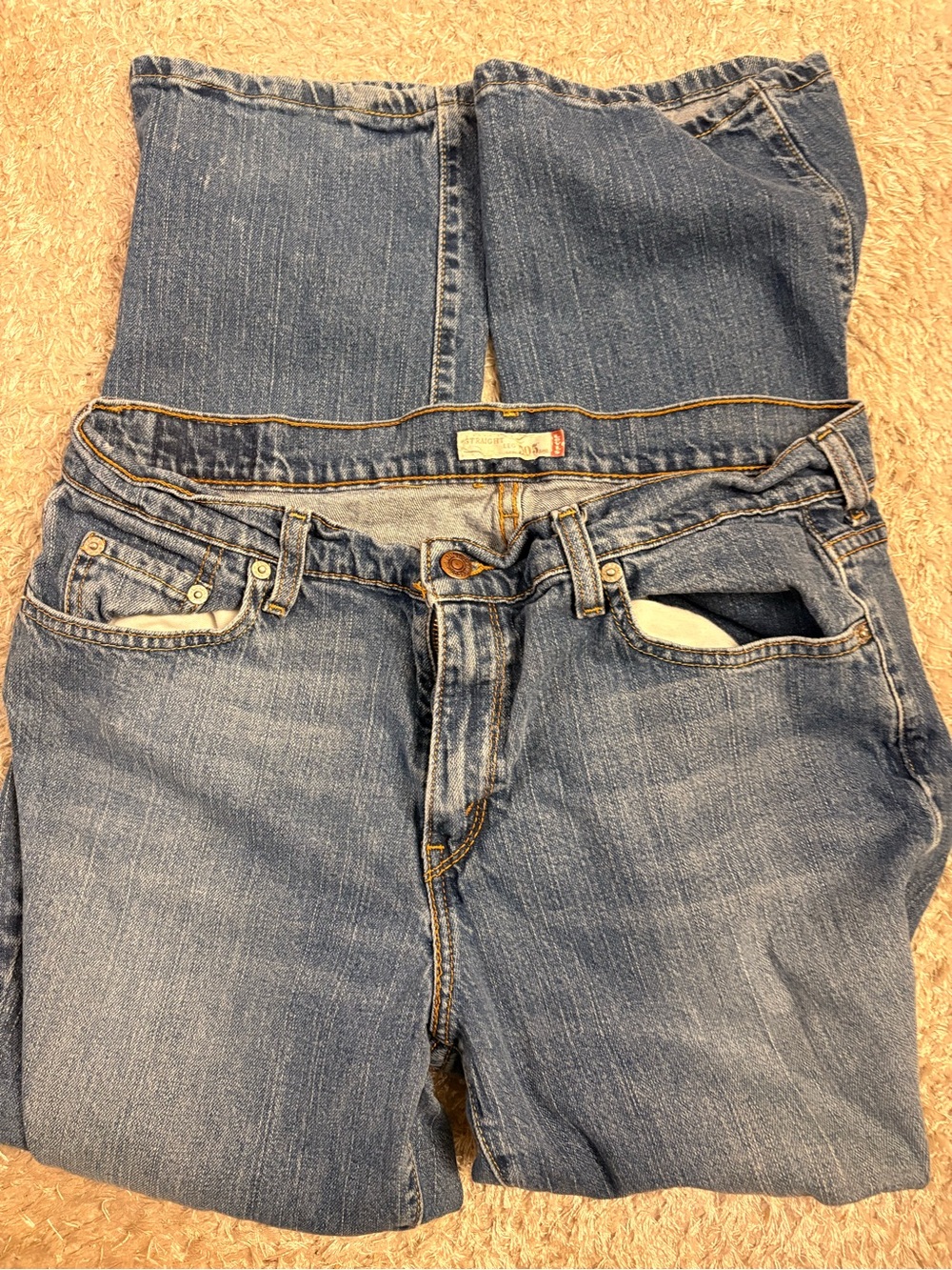 Levi's 505 Straight Leg Blue Denim Jeans with Gold Stitching